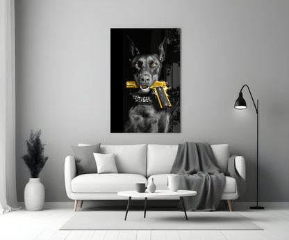 Doberman Holding Gold Pistol Glass Wall Art