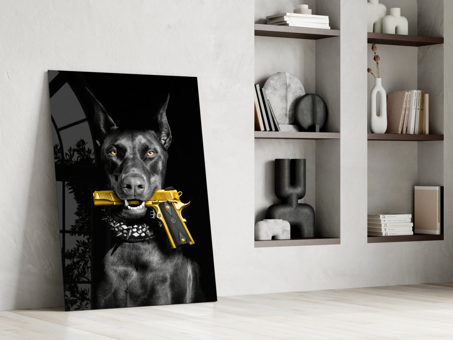 Doberman Holding Gold Pistol Glass Wall Art