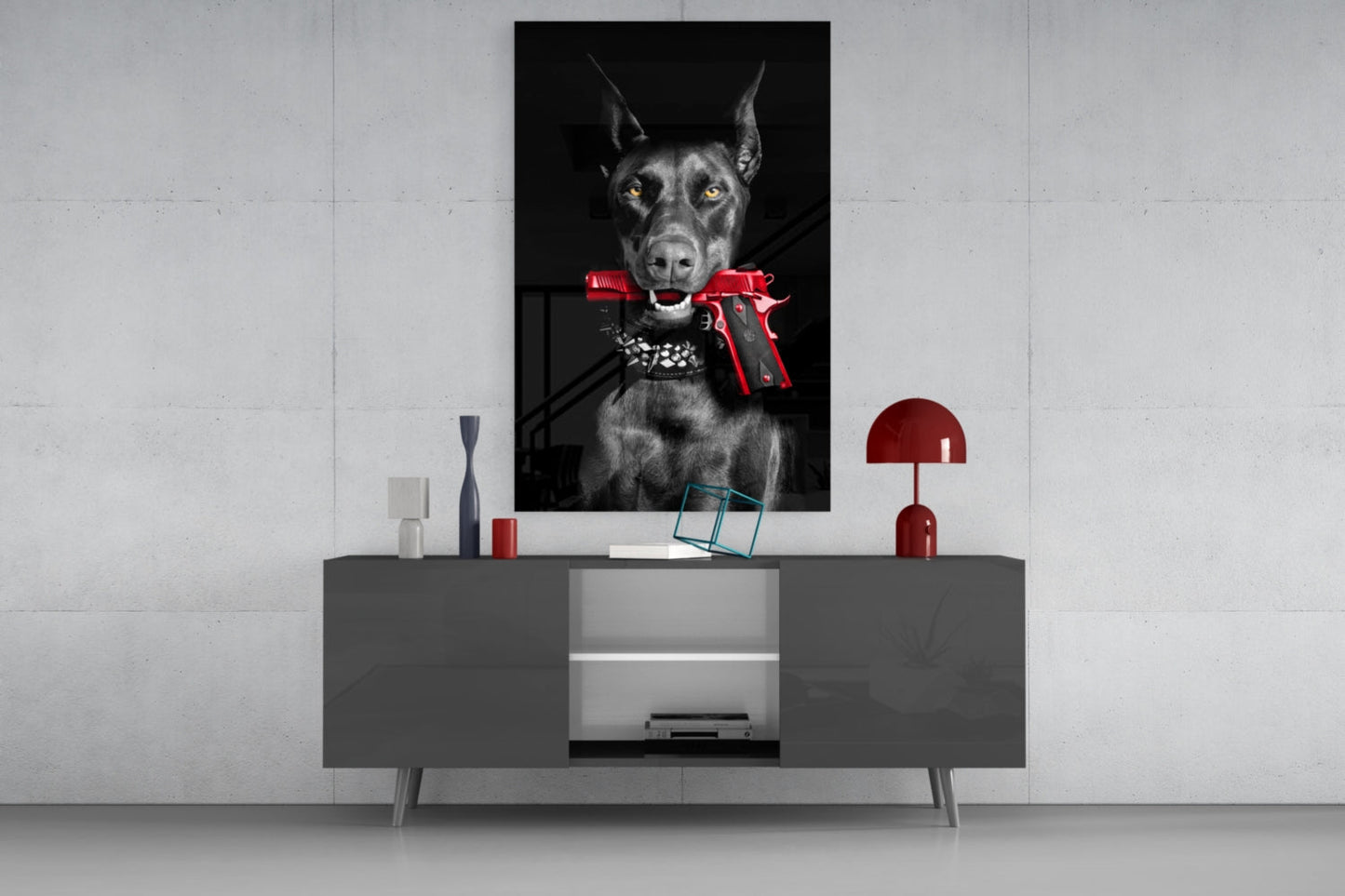 Doberman Holding Red Pistol Glass Wall Art