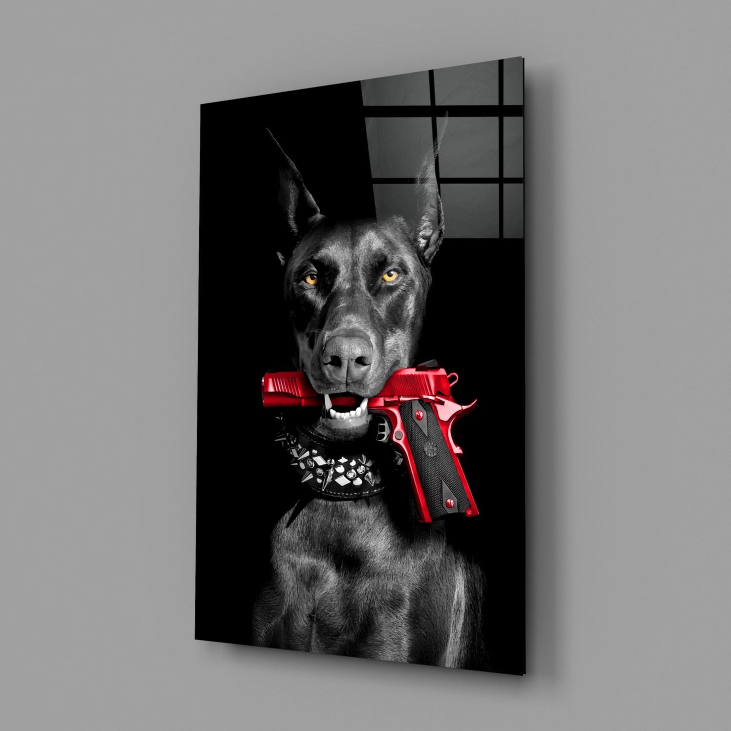 Doberman Holding Red Pistol Glass Wall Art