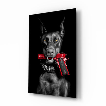 Doberman Holding Red Pistol Glass Wall Art