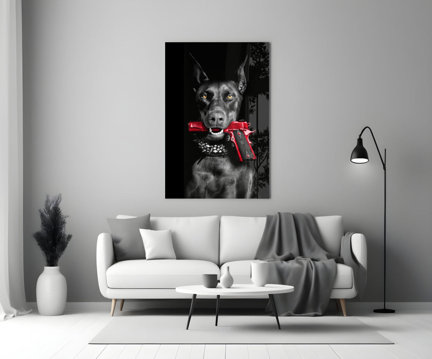 Doberman Holding Red Pistol Glass Wall Art