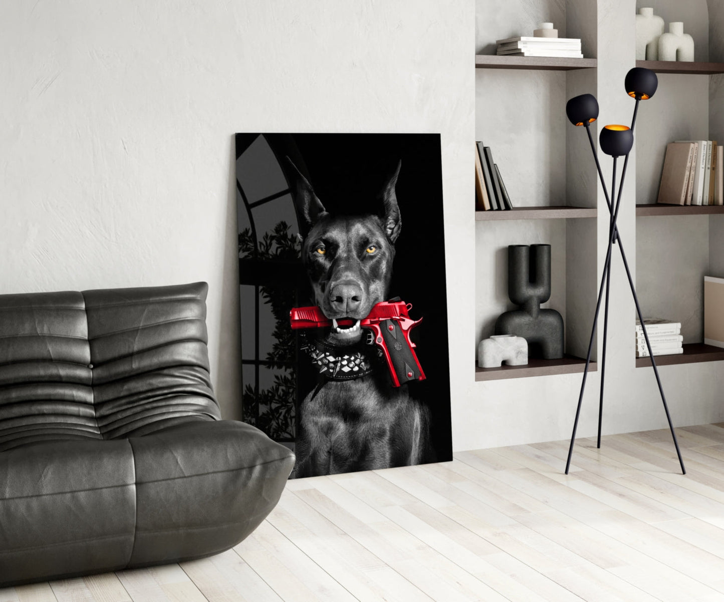 Doberman Holding Red Pistol Glass Wall Art