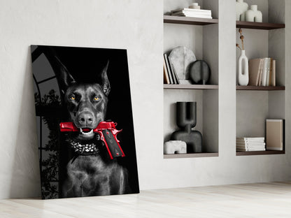 Doberman Holding Red Pistol Glass Wall Art