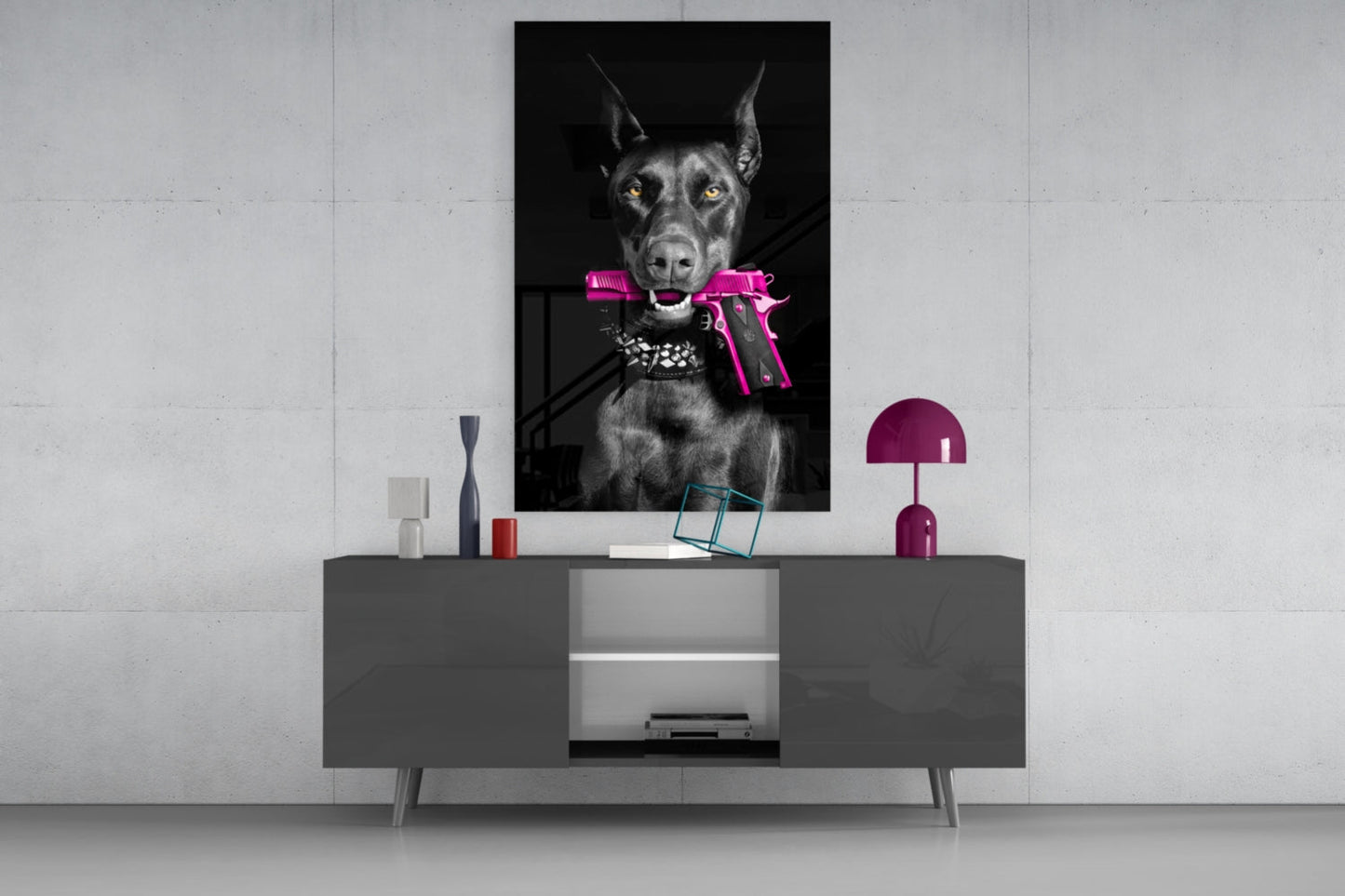 Doberman Holding Pink Pistol Glass Wall Art