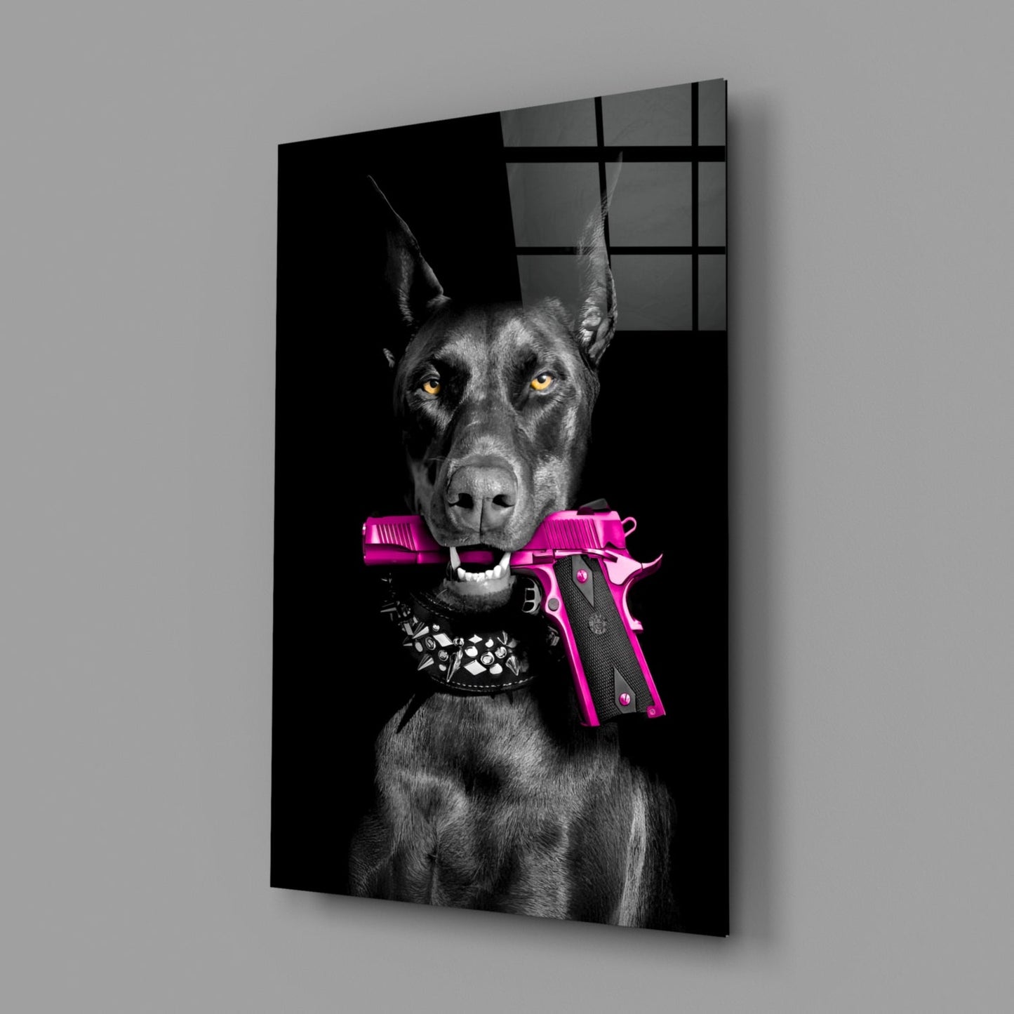Doberman Holding Pink Pistol Glass Wall Art