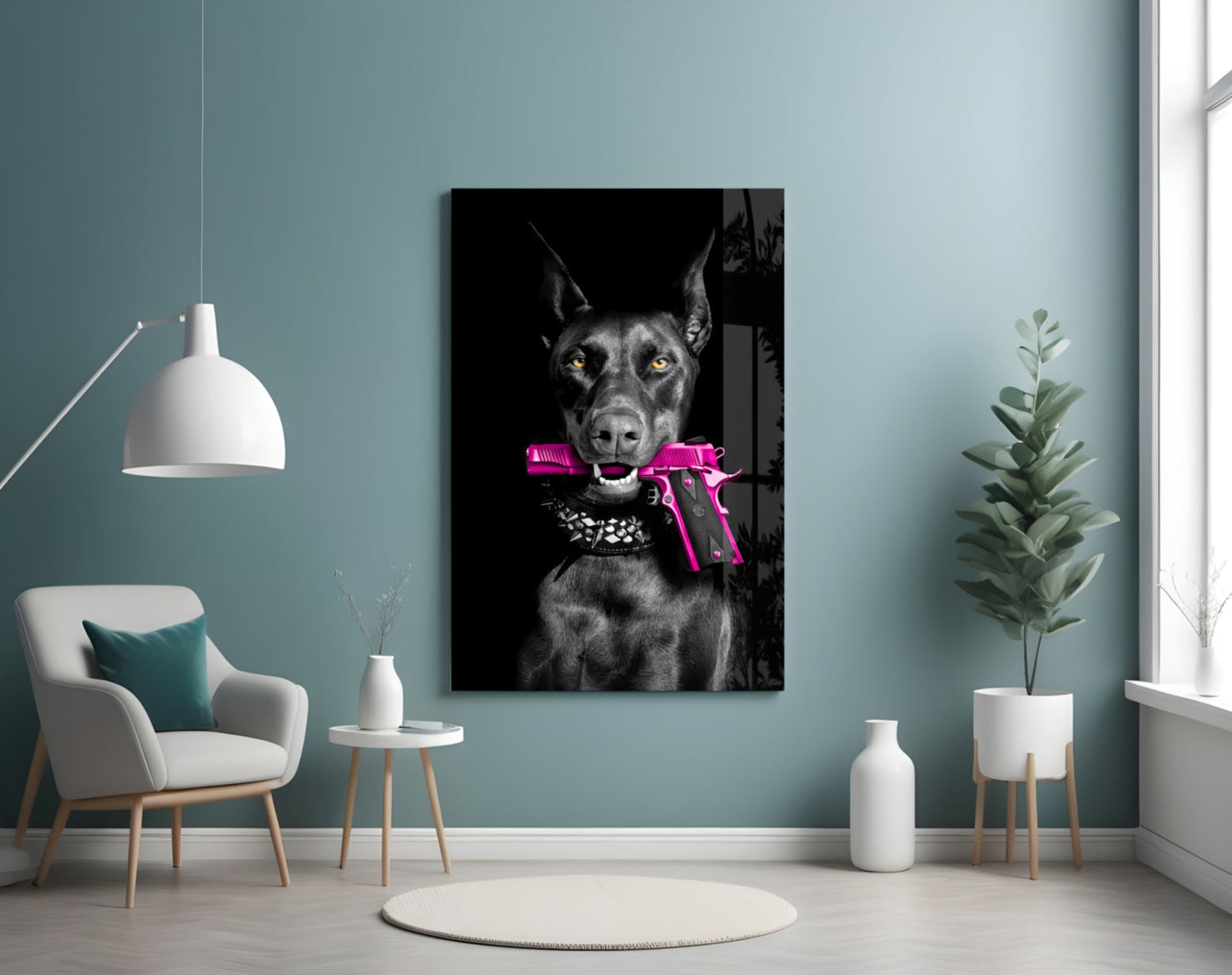 Doberman Holding Pink Pistol Glass Wall Art