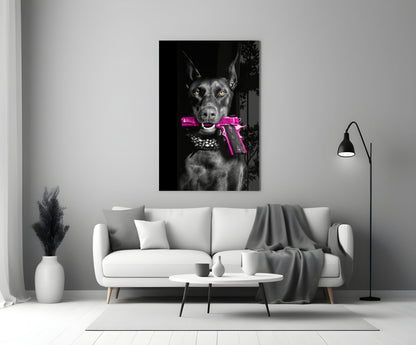 Doberman Holding Pink Pistol Glass Wall Art