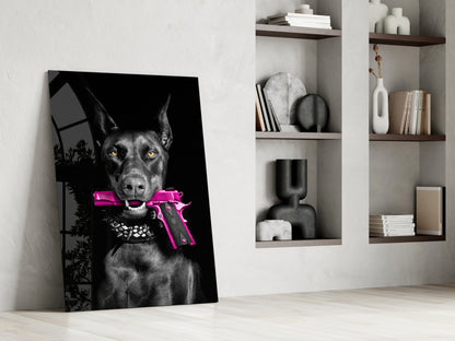 Doberman Holding Pink Pistol Glass Wall Art