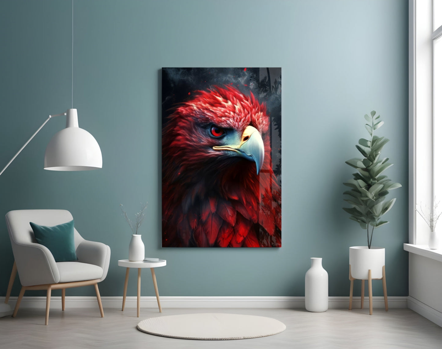 Red eagle glass wall art hanging in modern living room with white chair, pendant lamp, and potted plant against blue-gray wall.