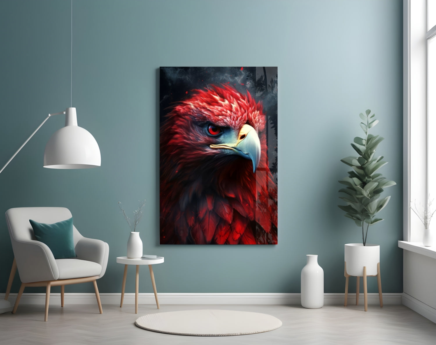Red eagle glass wall art hanging in modern living room with white chair, pendant lamp, and potted plant against blue-gray wall.