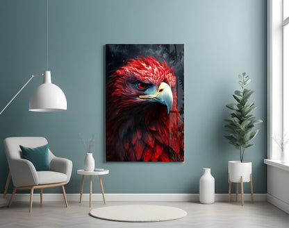 Red eagle glass wall art hanging in modern living room with white chair, pendant lamp, and potted plant against blue-gray wall.