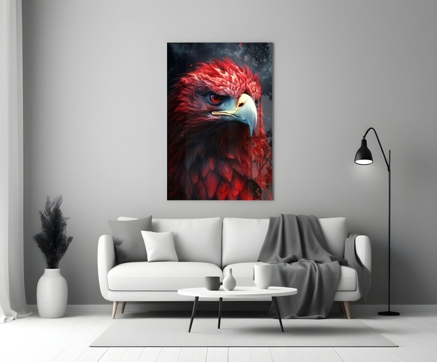 Red eagle glass wall art with vibrant red plumage and piercing blue eye displayed above white sofa in modern living room.