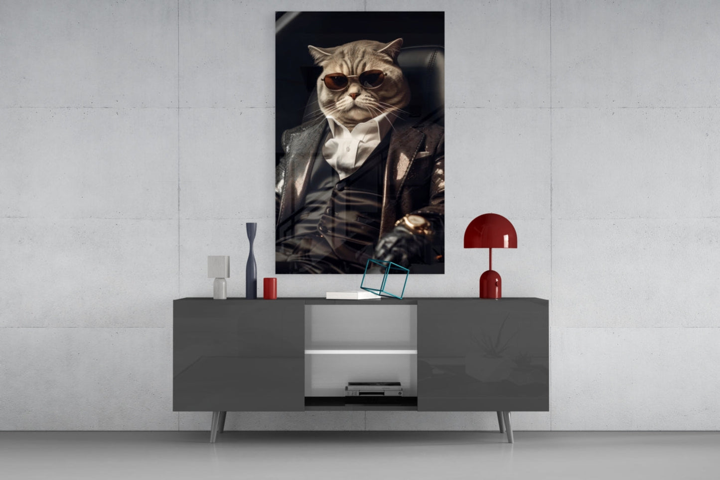 Sunglasses Cat In Black Suit Glass Wall Art