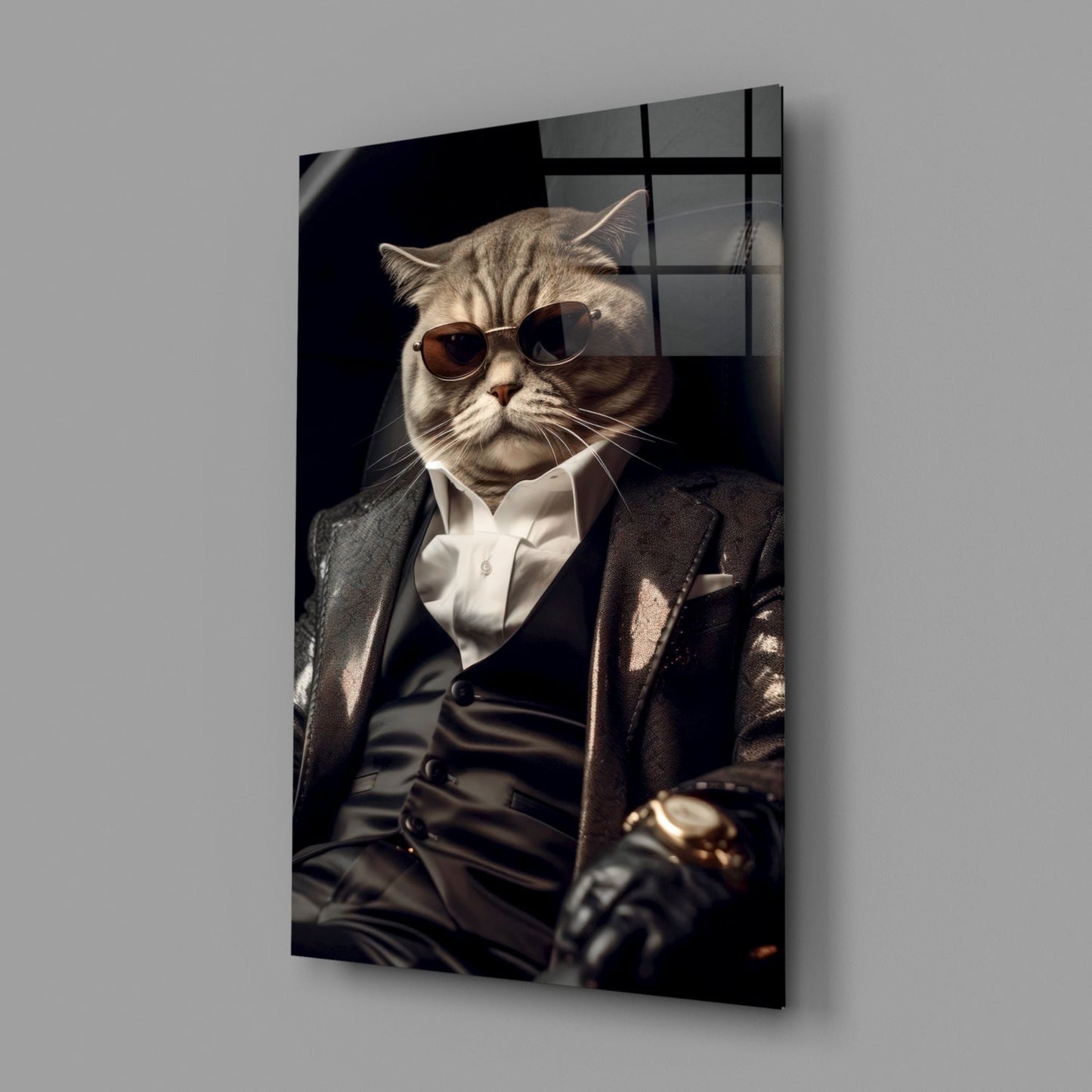 Sunglasses Cat In Black Suit Glass Wall Art