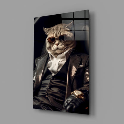Sunglasses Cat In Black Suit Glass Wall Art