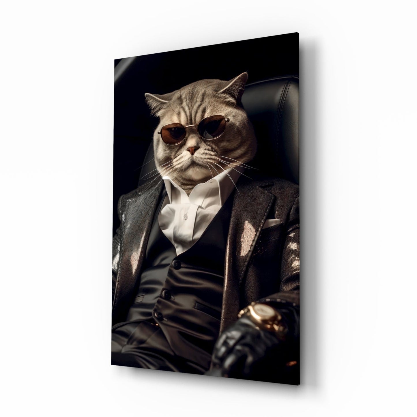 Sunglasses Cat In Black Suit Glass Wall Art