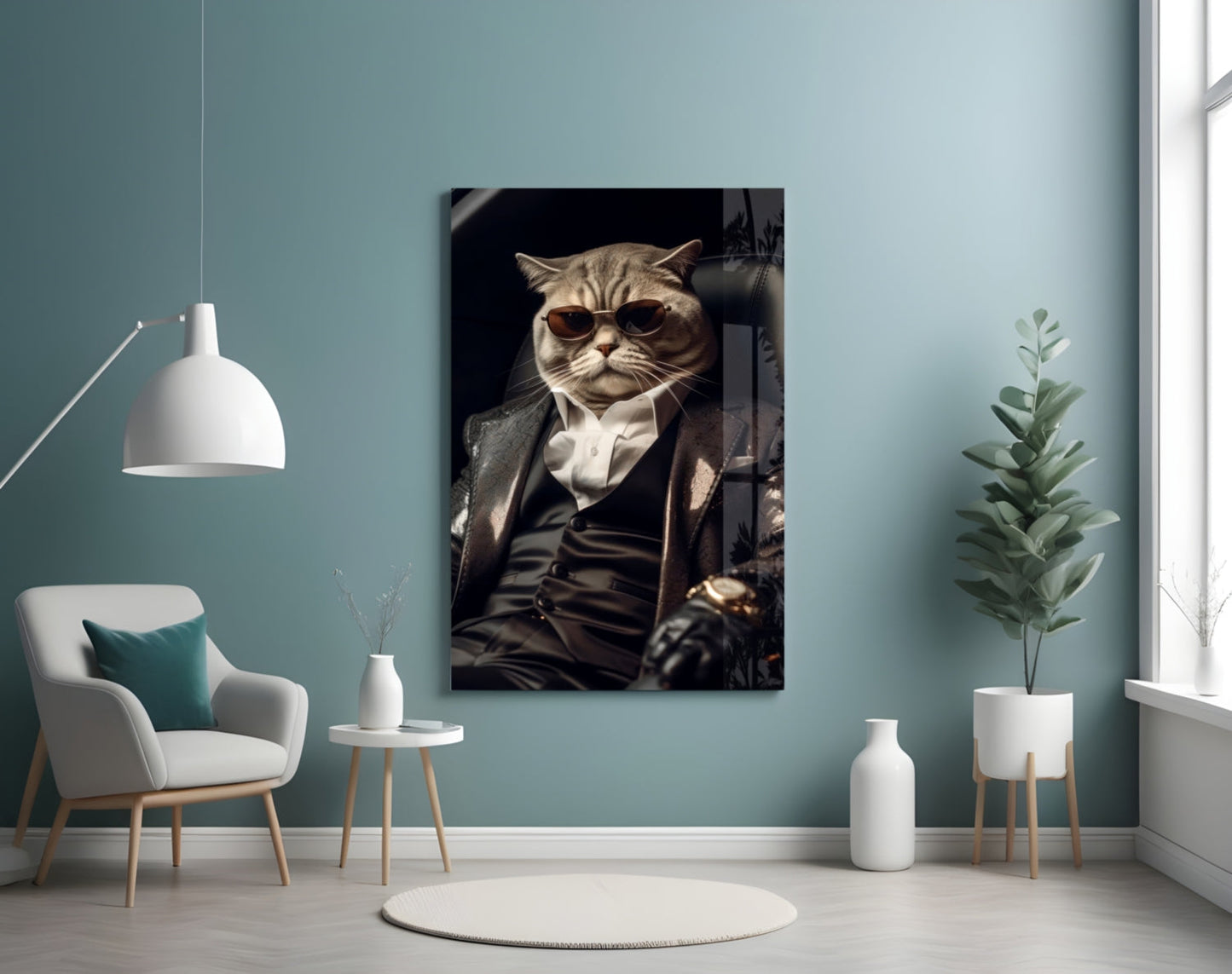 Sunglasses Cat In Black Suit Glass Wall Art