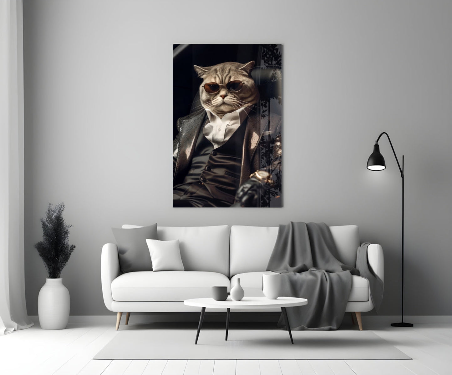 Sunglasses Cat In Black Suit Glass Wall Art