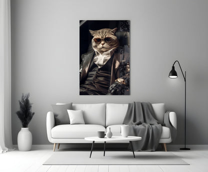 Sunglasses Cat In Black Suit Glass Wall Art