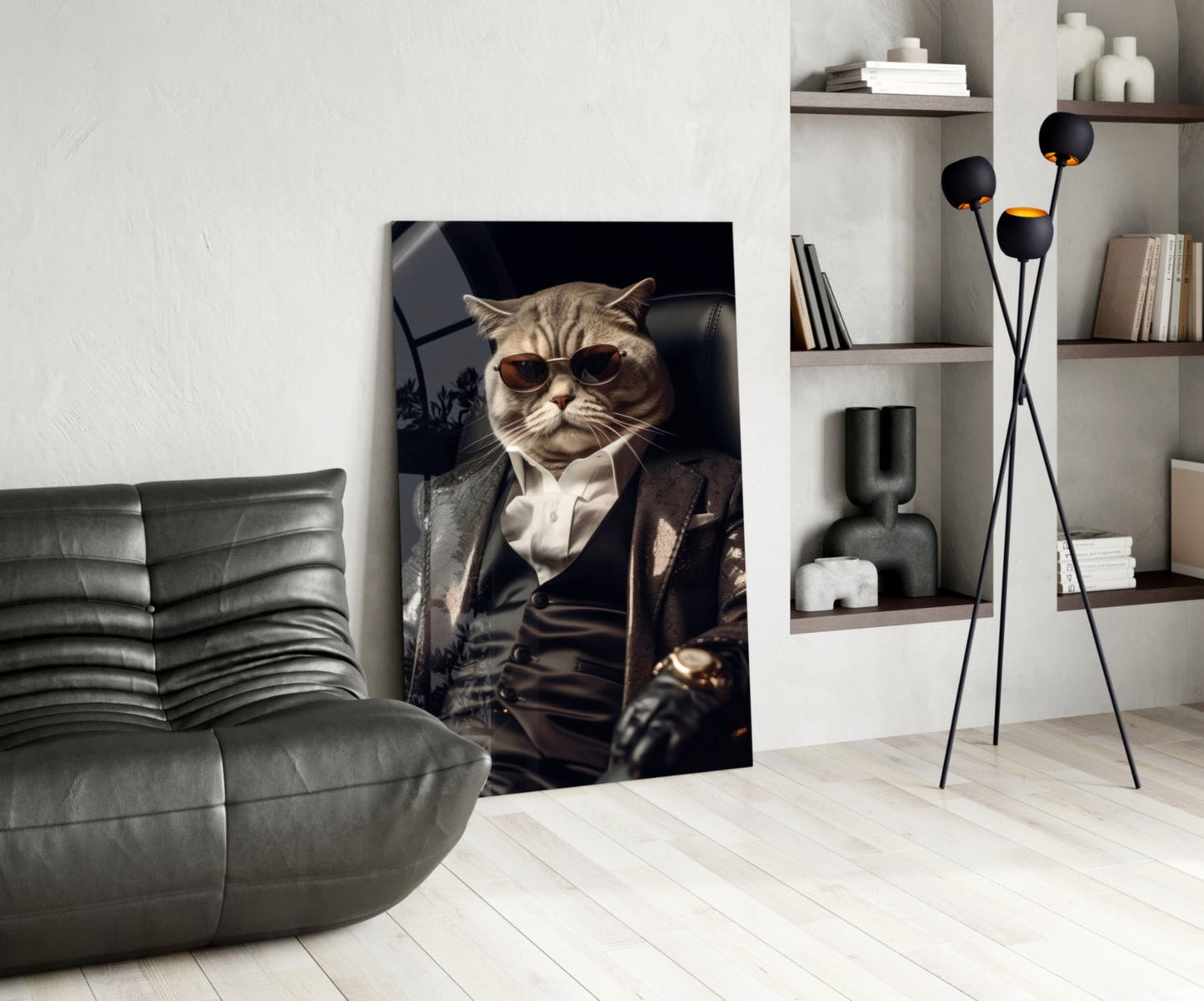 Sunglasses Cat In Black Suit Glass Wall Art