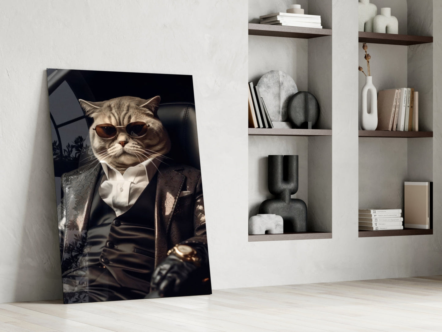 Sunglasses Cat In Black Suit Glass Wall Art