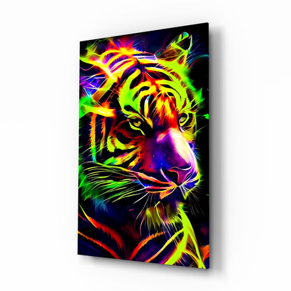 Neon tiger glass wall art displayed at an angle, showing vibrant multicolored neon effects in yellow, green, red, and blue against black background.