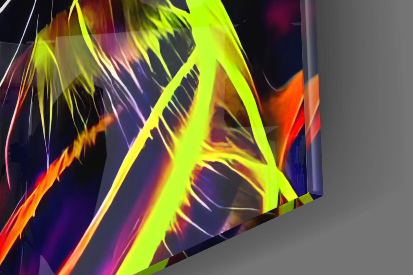 Neon tiger glass wall art displaying vibrant lime green and orange striped pattern with purple shadows on dark background.