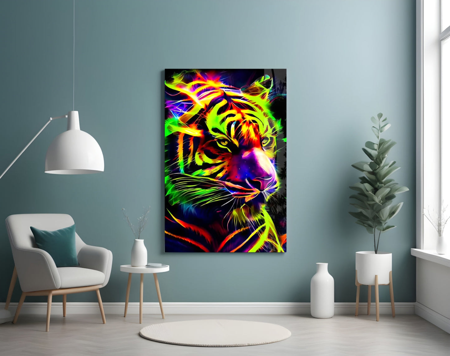 Neon Tiger Glass Wall Art displayed on a light blue wall above a white armchair in a minimalist room setting, showing vibrant multicolored neon effect portrait of a tiger's face.