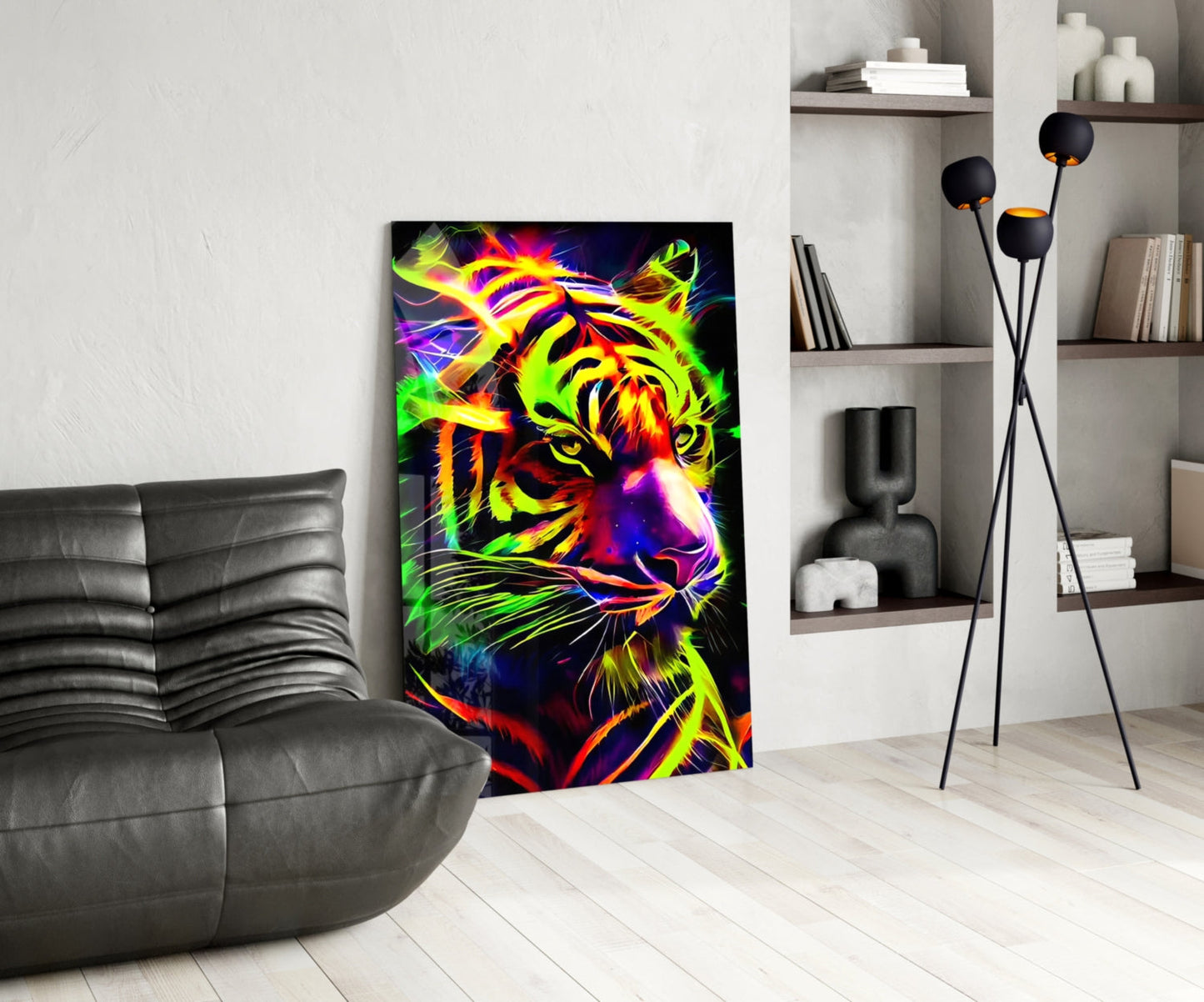 Vibrant neon tiger glass art displayed in modern living room with grey sofa and wall shelving.