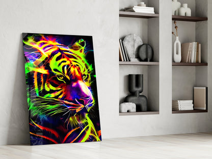 Neon tiger glass wall art leaning against white wall next to built-in shelving with books and decorative objects.
