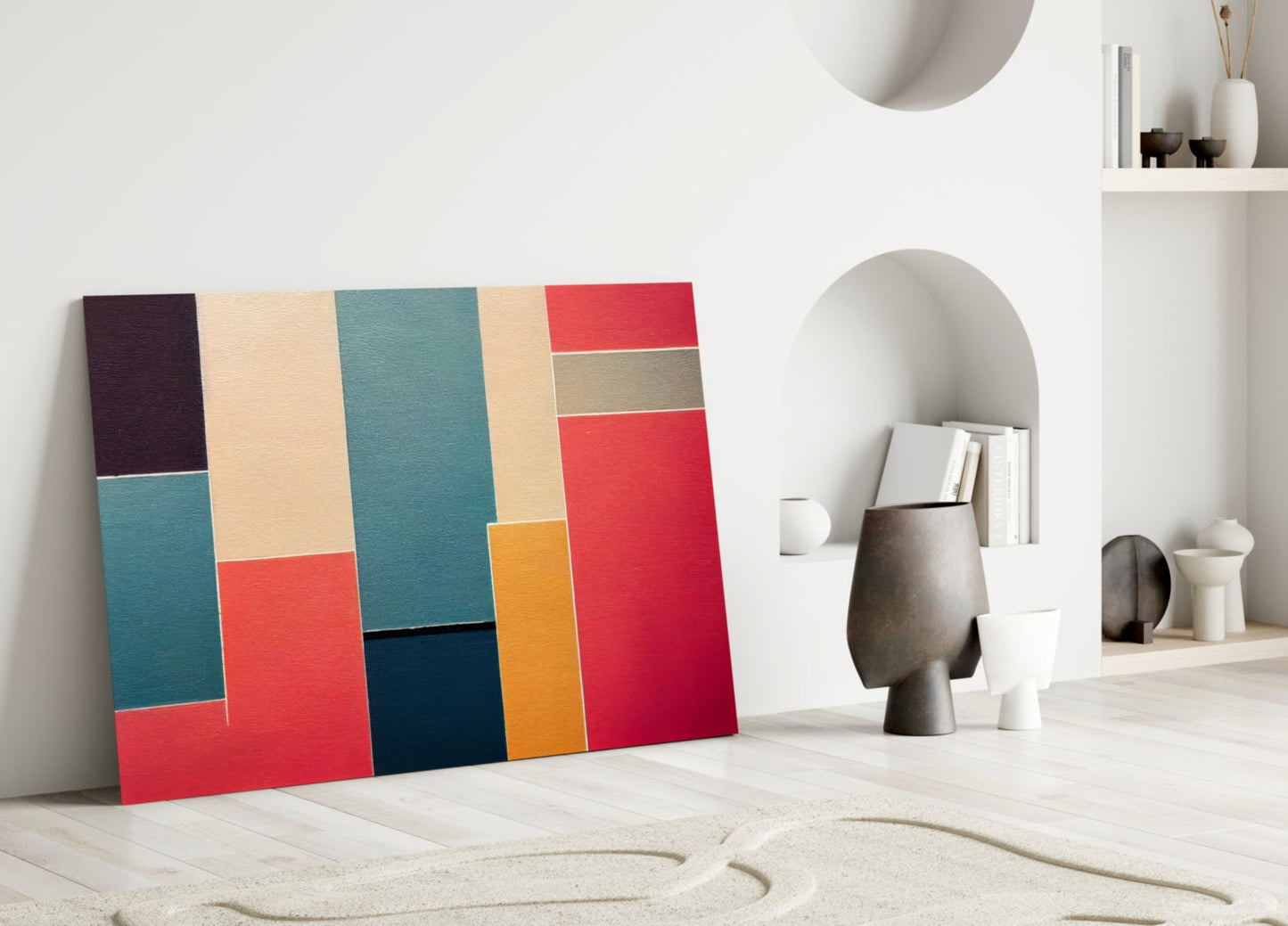 Colorful geometric glass wall art with red, teal, cream, navy, and gold rectangles leaning against white wall in modern interior space.