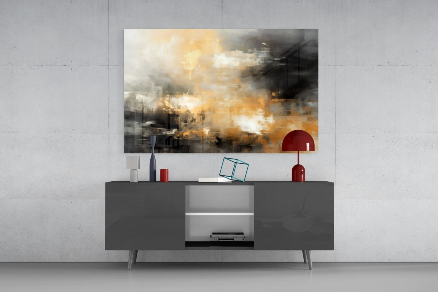 Modern living room setup featuring abstract glass wall art with golden and dark tones displayed above a dark gray media console with red decorative accessories.
