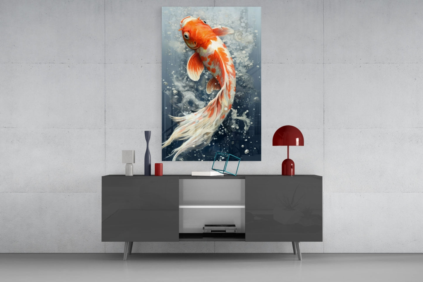Orange and white koi fish glass wall art displayed above a dark gray media console in a minimalist interior setting.