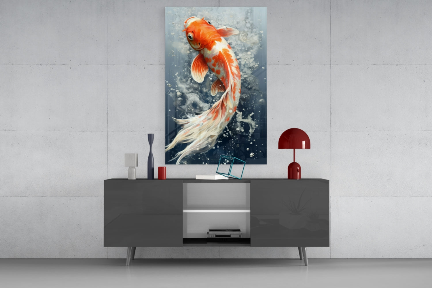 Orange and white koi fish glass wall art displayed above a dark gray media console in a minimalist interior setting.