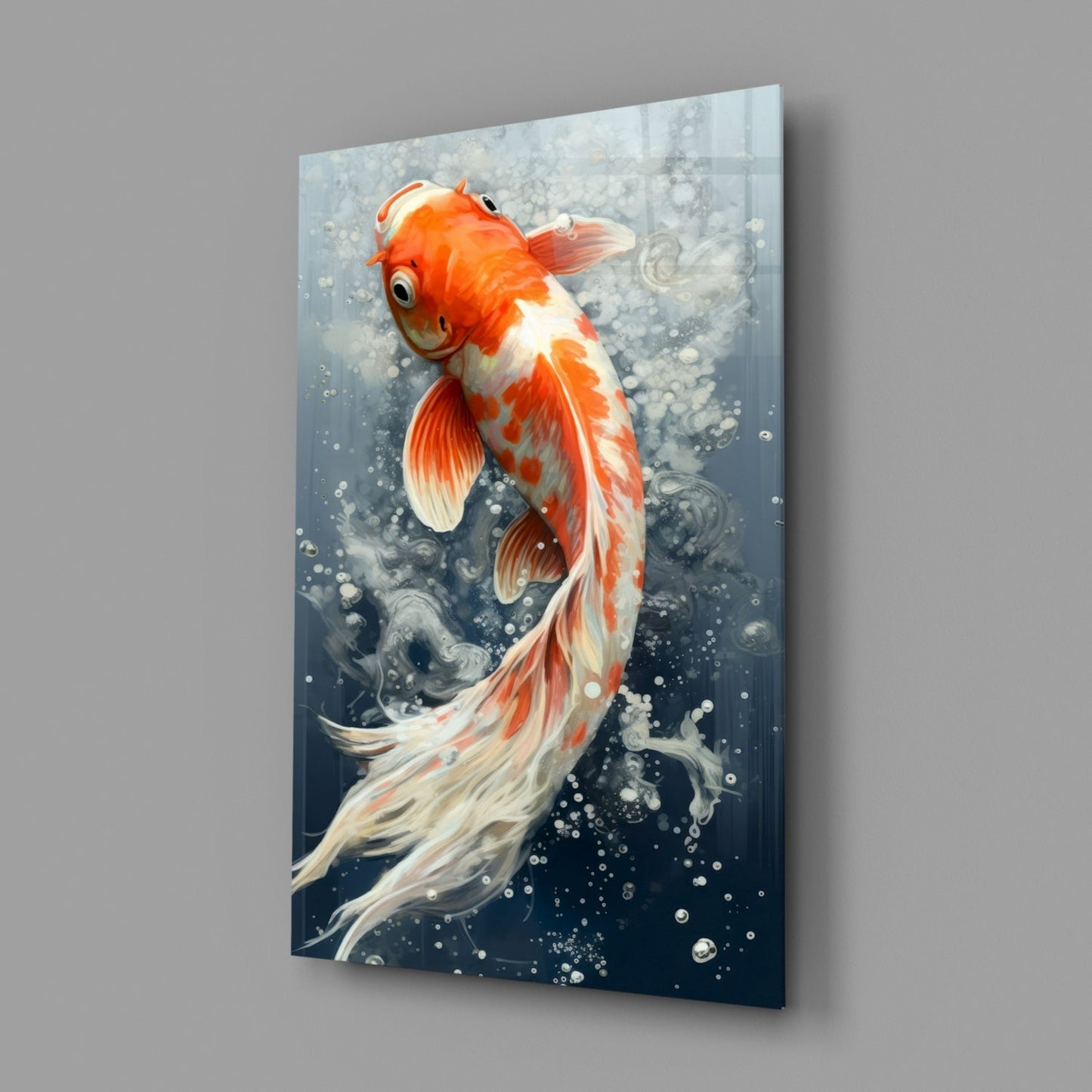Red and white koi fish swimming upward on glass wall art with bubbles and swirling water effects, displayed at angle against gray background.