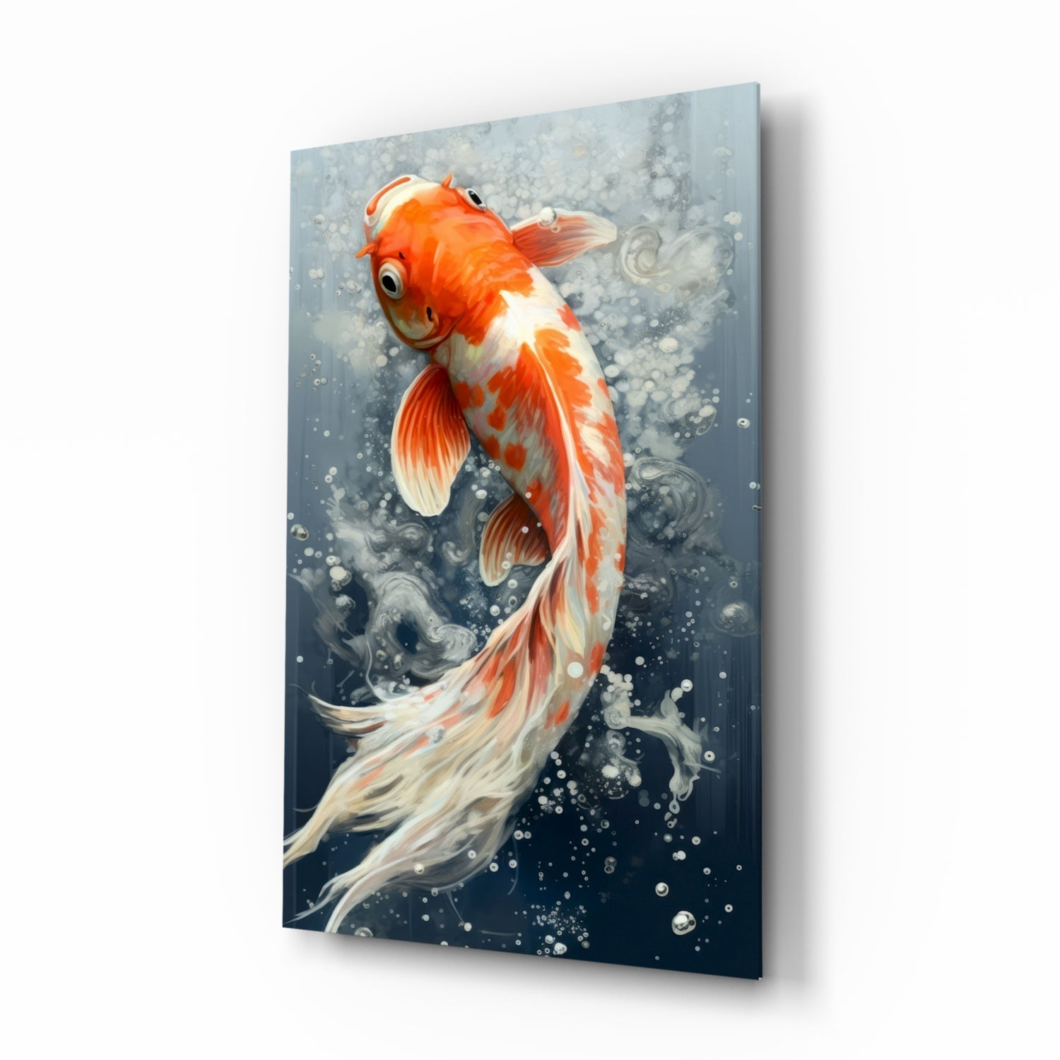 Red and white koi fish swimming upward on a dark blue gradient glass panel with bubbles and swirling water effects.