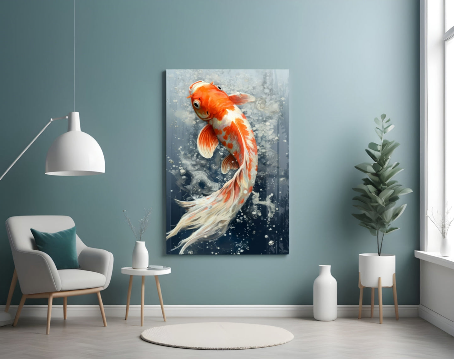 Orange and white koi fish glass wall art mounted on blue-green wall above white chair in modern living room setting.