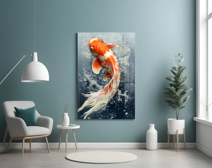 Orange and white koi fish glass wall art mounted on blue-green wall above white chair in modern living room setting.