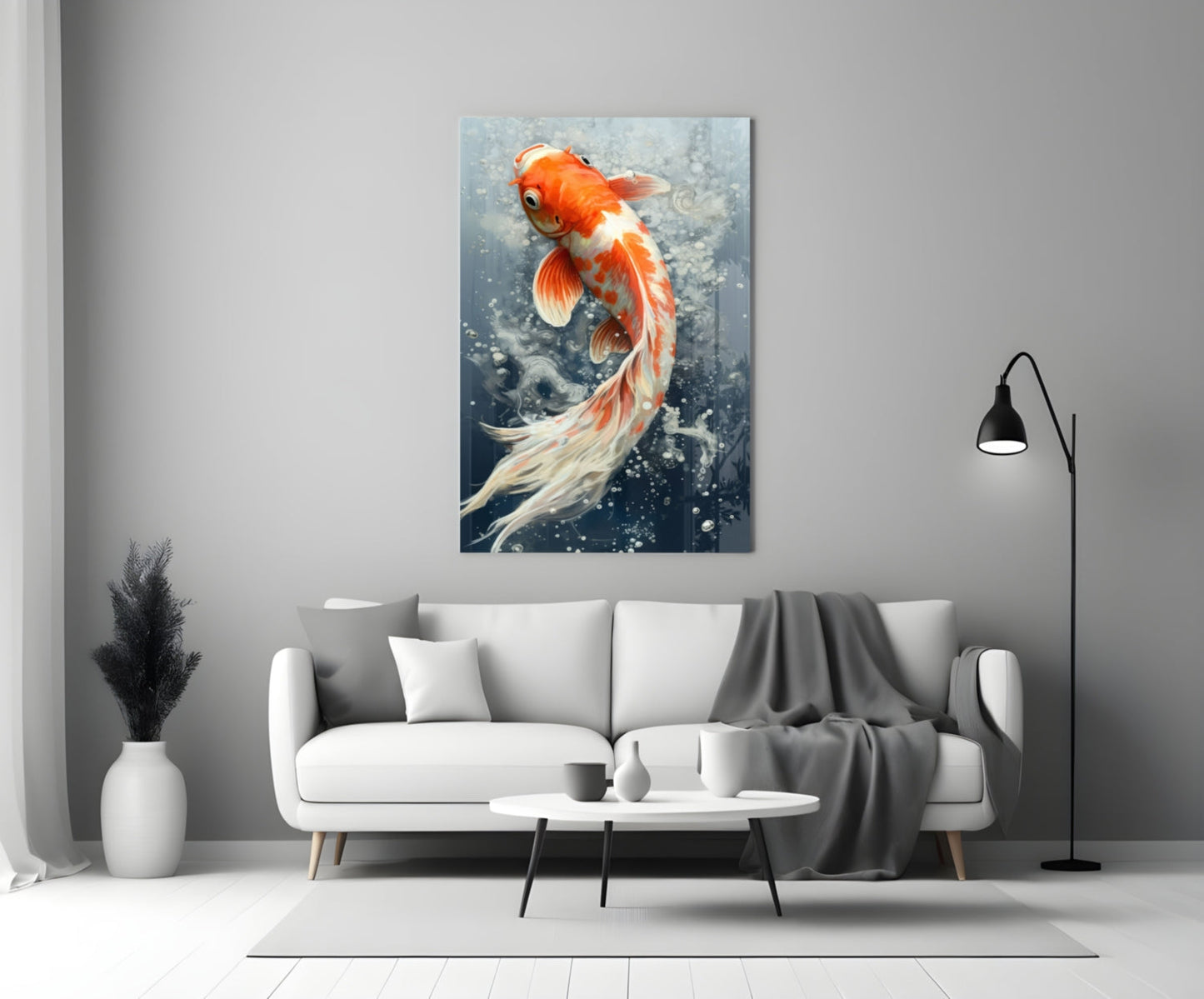 Red and white koi fish glass wall art hanging above white sofa in modern living room interior.