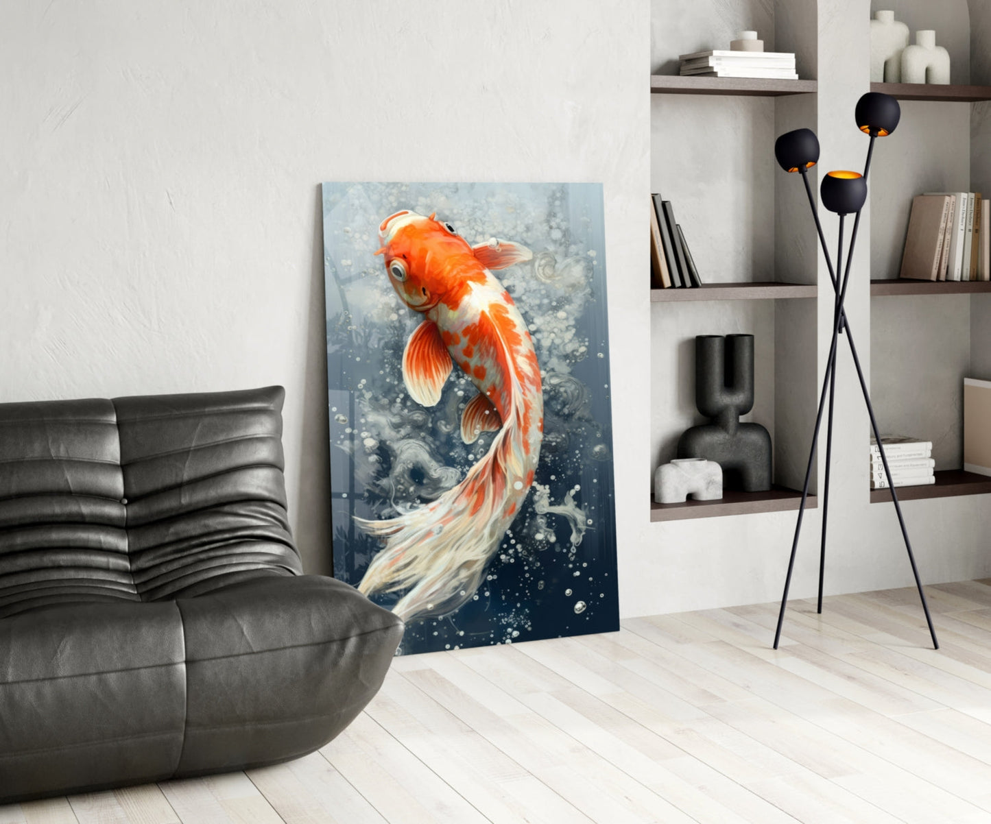 Modern living room interior featuring red and white koi fish glass wall art leaning against white wall beside black leather chair.