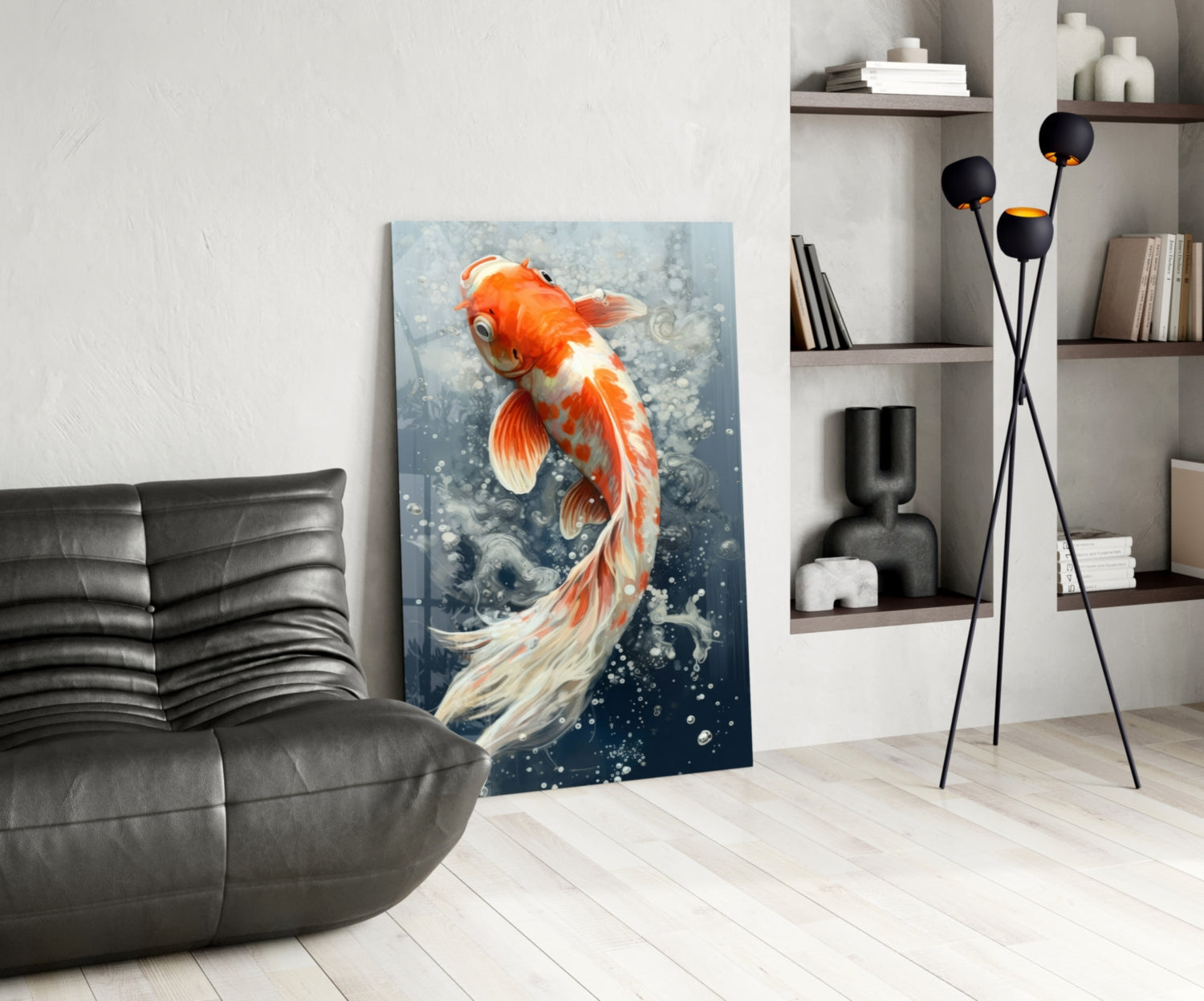 Modern living room interior featuring red and white koi fish glass wall art leaning against white wall beside black leather chair.