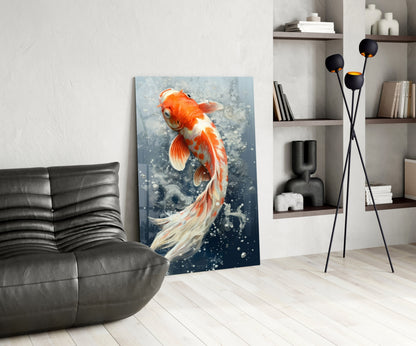 Modern living room interior featuring red and white koi fish glass wall art leaning against white wall beside black leather chair.