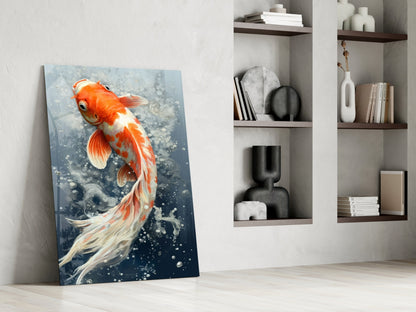 Red and white koi fish glass artwork leaning against white wall beside floating wooden shelves with decorative items.