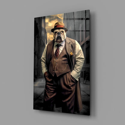 Bulldog In Brown Suit And Fedora Glass Wall Art