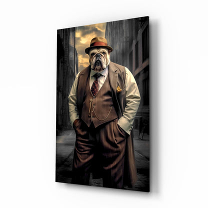 Bulldog In Brown Suit And Fedora Glass Wall Art