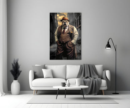 Bulldog In Brown Suit And Fedora Glass Wall Art