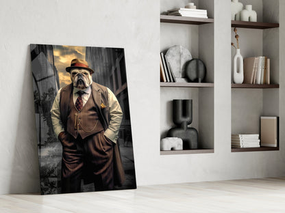 Bulldog In Brown Suit And Fedora Glass Wall Art