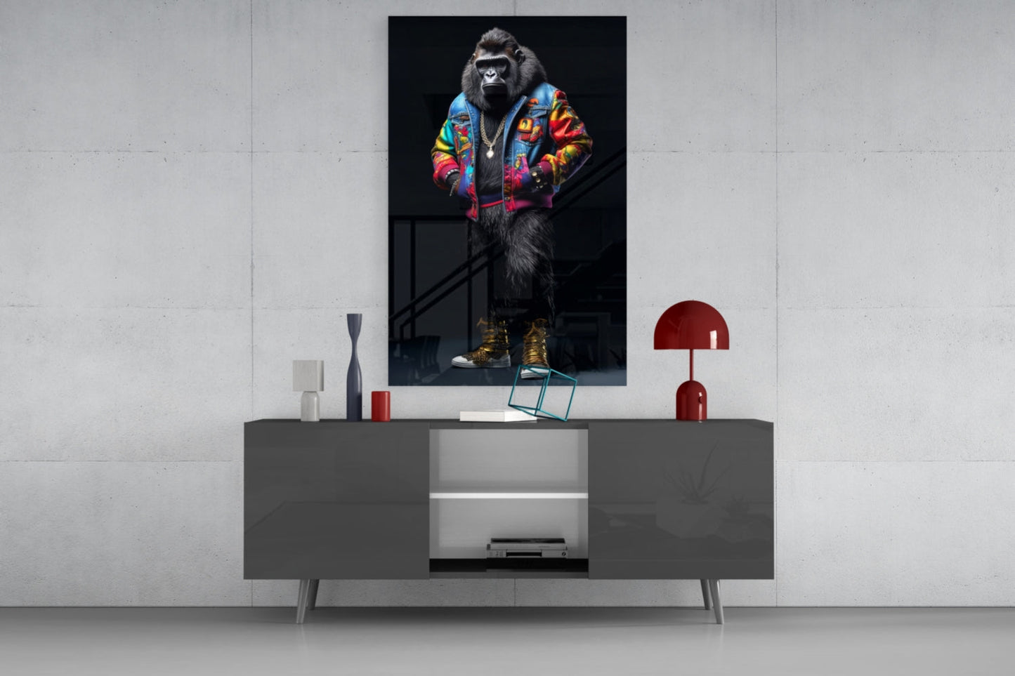 Stylized gorilla wearing colorful geometric jacket and gold boots displayed on wall above modern gray console table with red lamp.