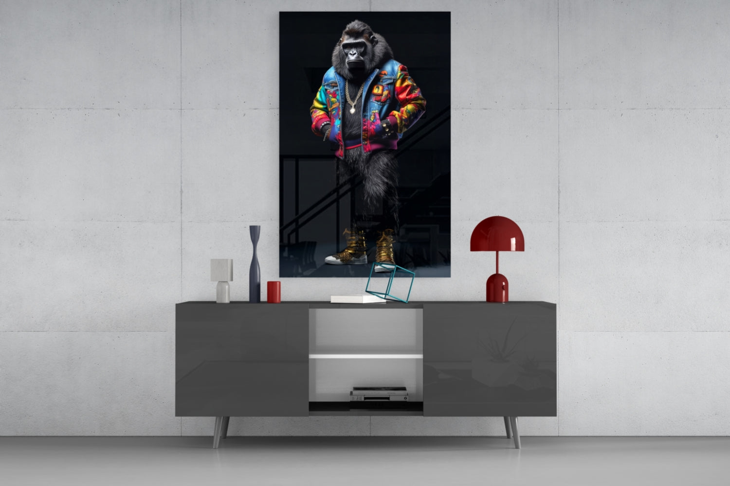 Stylized gorilla wearing colorful geometric jacket and gold boots displayed on wall above modern gray console table with red lamp.
